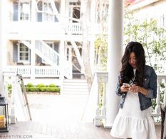 white gown denim jacket springtime outfit